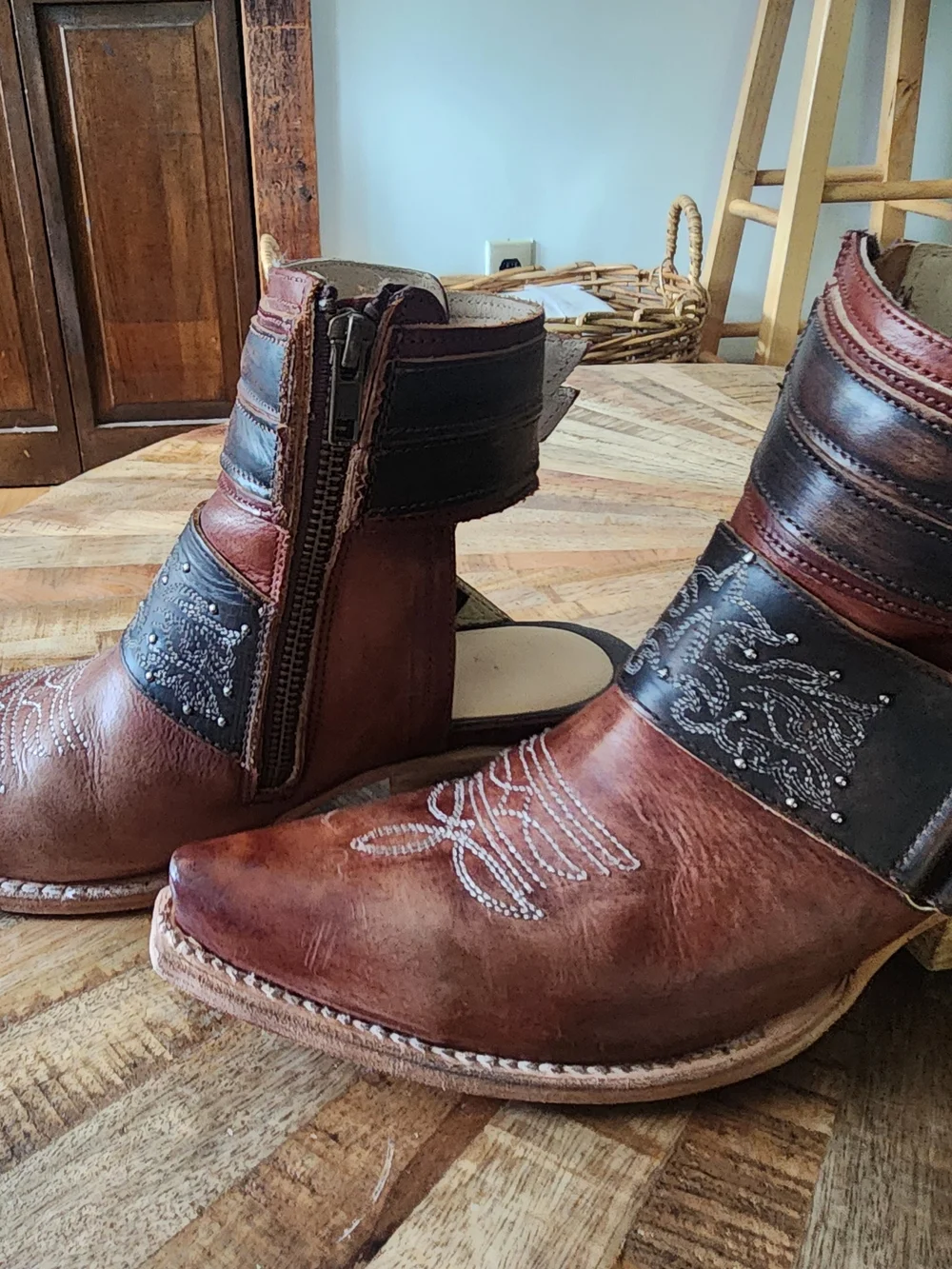 Freebird Waylon Cognac Leather Western Ankle Boots with Open Heel